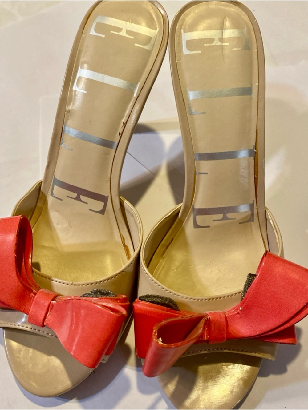 Women’s Elle Beige Open-Toe Mules with Pink Bow Accent Size 10